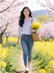 春日油菜花海美女手挎鲜花图片