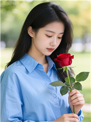 手持玫瑰低眸娇羞的清纯美女图片