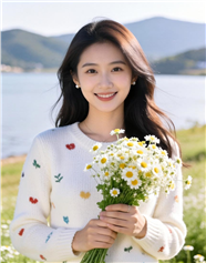 手持小雏菊花束的美女图片