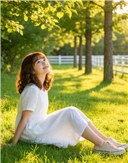 阳光草地树林白裙美女写真图片