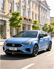 街道上行驶的蓝色轿车图片