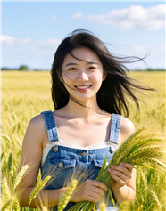 夏日麦田牛仔背带裤美女写真图片
