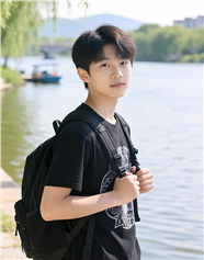 河边黑色T恤少年摄影图片