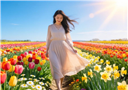 春日郁金香花海美女写真图片