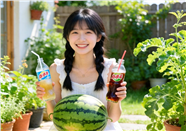 夏日庭院元气西瓜少女摄影图片
