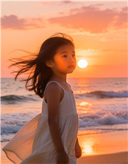 日暮黄昏海边沙滩小女孩摄影图片
