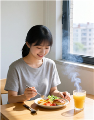 窗边吃早餐的女孩图片